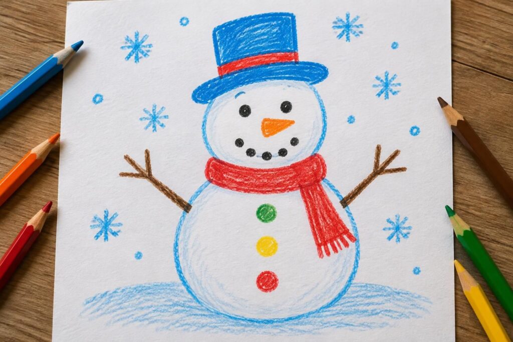 Bonhomme de neige dessin facile et coloré pour enfants et maternelle