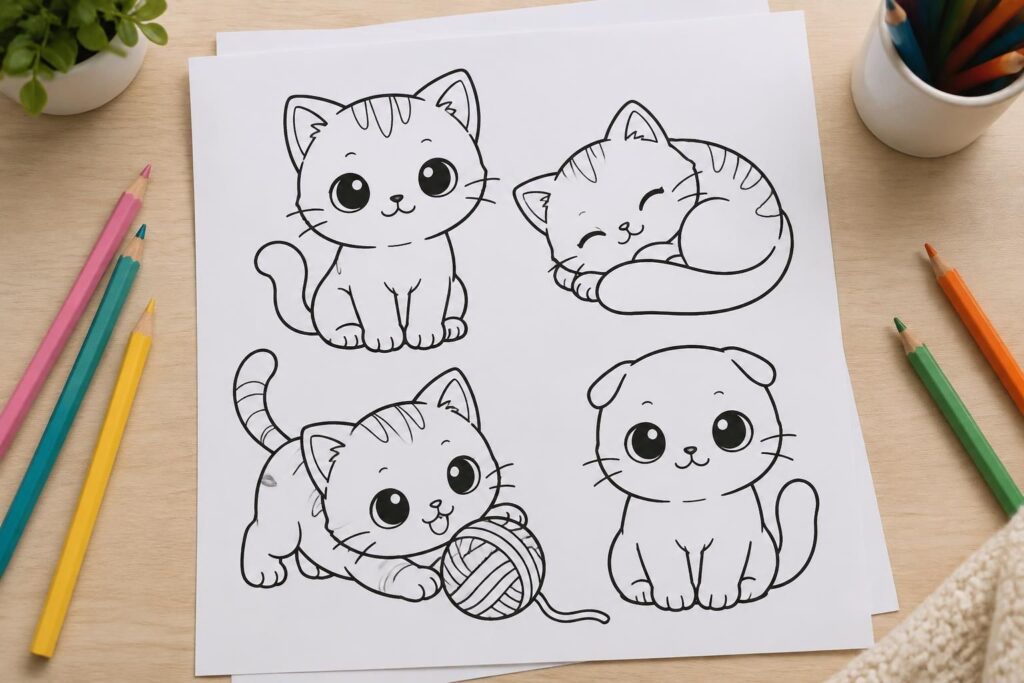 téléchargez gratuitement nos coloriages de chats kawaii et mignons à imprimer : de jolis dessins pour divertir les enfants et les amoureux des chats.